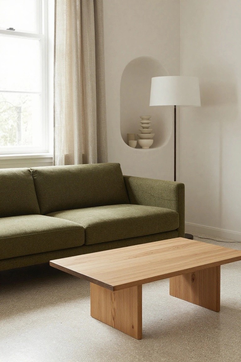 A boxy green fabric sofa in a white-walled living room corner with beige linen curtains on a window, arched niche holding stacked white ceramics, tall white floor lamp, and low wooden coffee table on light terrazzo floor.