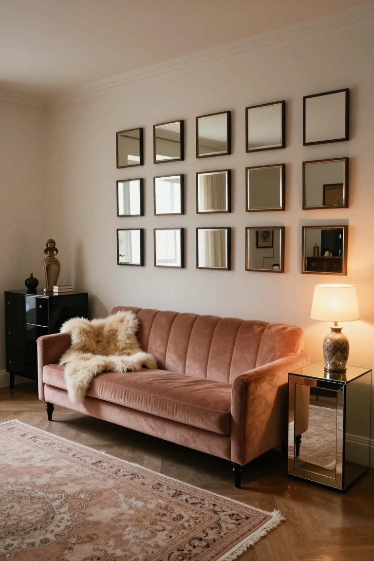 Living room interior with pink tufted velvet sofa covered in sheepskin throw, black lacquer cabinet beside it holding books and gold statue, grid of small square mirrors on beige wall, glass side table with lamp, patterned rug on herringbone wood floor.