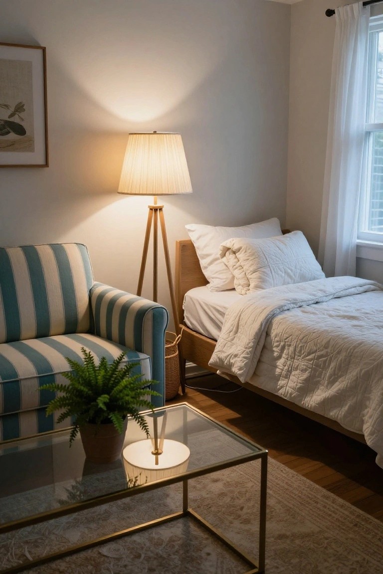 Cozy bedroom corner with blue and white striped armchair, potted fern on glass coffee table, tripod floor lamp, artwork on wall, and bed with white pillows and quilt.