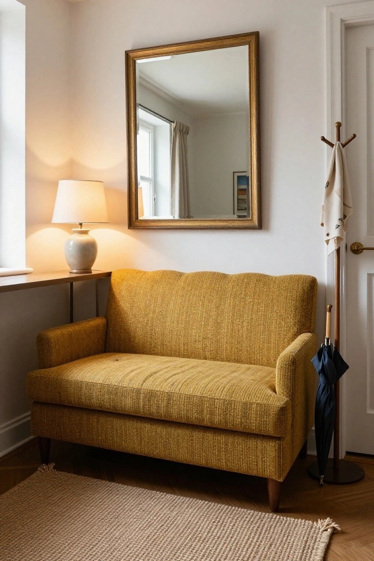 A compact yellow textured loveseat in a light room corner next to a wood console table with lamp, gold-framed mirror on wall, coat rack with towel, and umbrella stand by the door.
