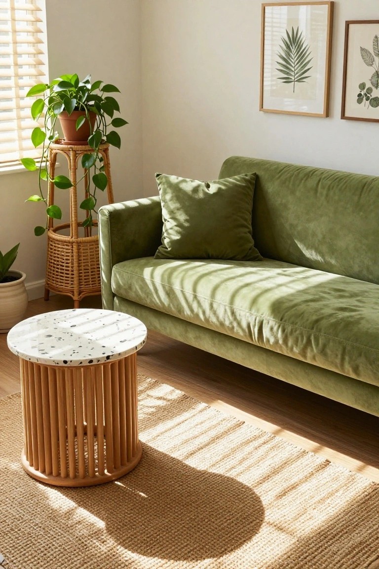 Light living room with green velvet sofa, rattan plant stand holding pothos plant, matching rattan side table with white terrazzo top, potted plants, botanical wall art, seagrass rug, and window blinds letting in sunlight.