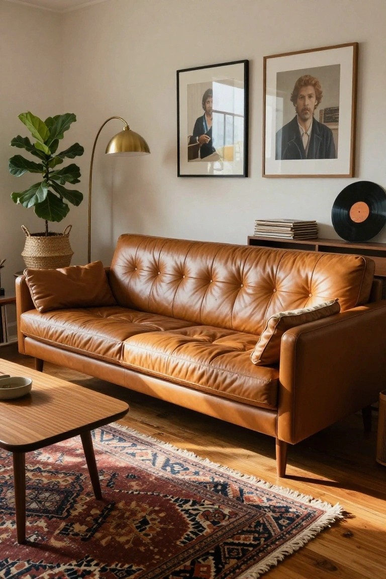 Tan tufted leather sofa in a living room with a fiddle leaf fig plant in a basket, gold arc lamp, wooden coffee table, red patterned rug, vinyl record on shelf, and two framed portraits on wall.