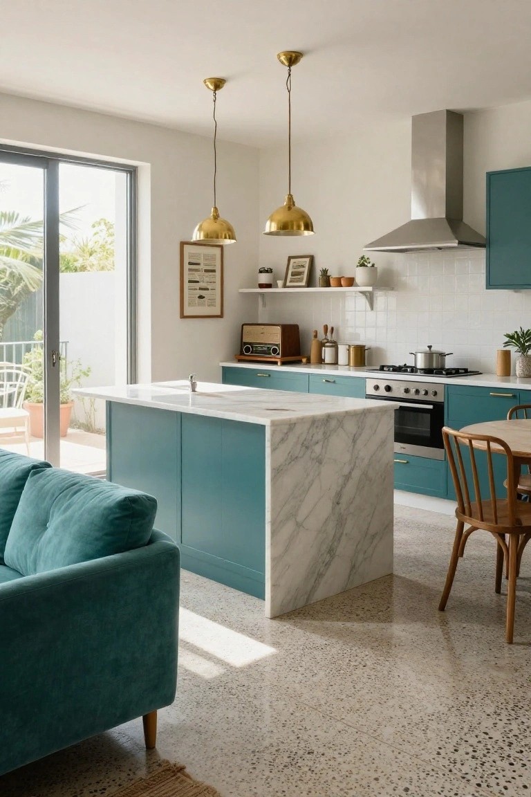 Kitchen-diner interior with teal cabinets, white marble island, teal velvet sofa on wooden legs, wooden chairs at round table, gold pendant lights, retro radio, and terrazzo floor with garden view through sliding doors.