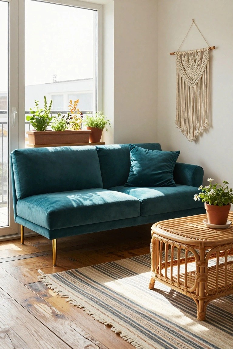 Bright corner of a living room featuring a teal velvet two-seater sofa with gold legs, rattan coffee table, potted plants on windowsill and table, macrame wall hanging, and sliding glass door overlooking balcony.