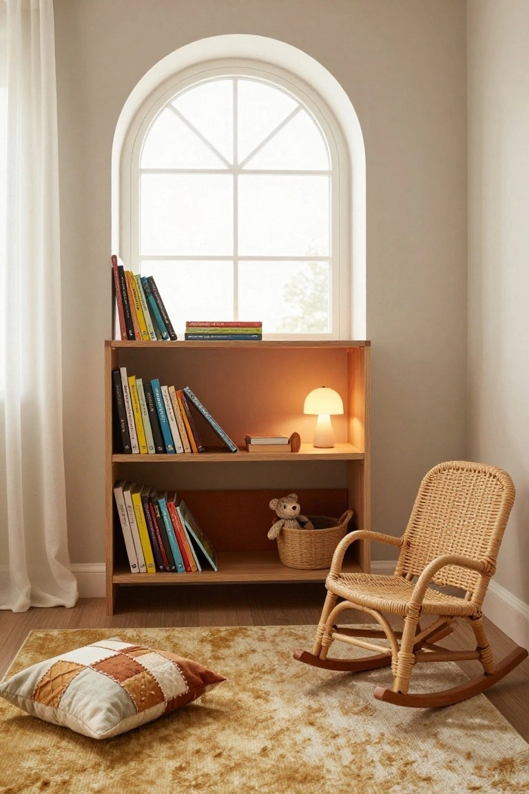 Indoor corner with wooden bookshelf holding colorful books and a lit mushroom lamp, rattan rocking chair, teddy bear in basket, and patchwork pillow on gold shag rug by arched window with white curtains.