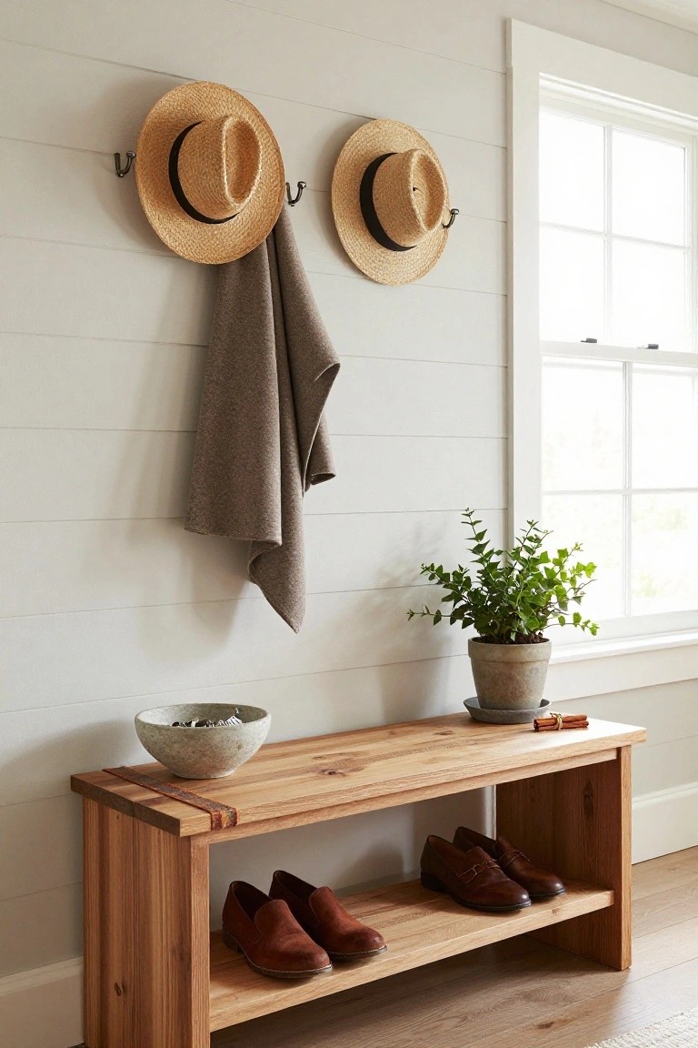 Wooden bench in a light-colored entryway with brown leather shoes stored on the lower shelf, two straw hats on wall hooks, a gray towel draped nearby, a potted green plant, and a ceramic bowl with pebbles on the bench top.