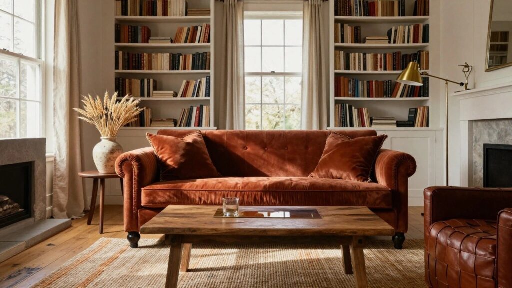 A rust-colored tufted velvet sofa in a living room with white built-in bookshelves filled with books and decor, stone fireplace, reclaimed wood coffee table with glass tray, beige seagrass rug, and brown leather pouf.