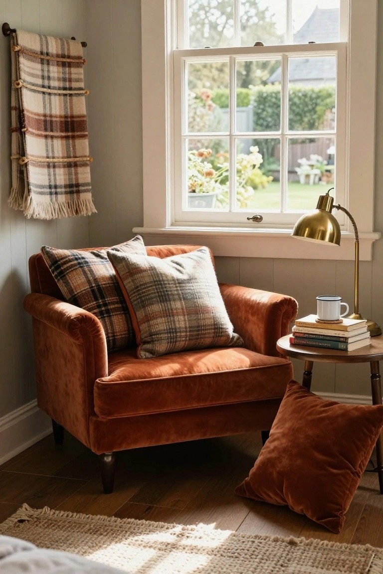 Rust-colored velvet armchair in a light gray corner room with plaid pillows, a small side table holding stacked books and a white mug, brass lamp, and window view of garden.