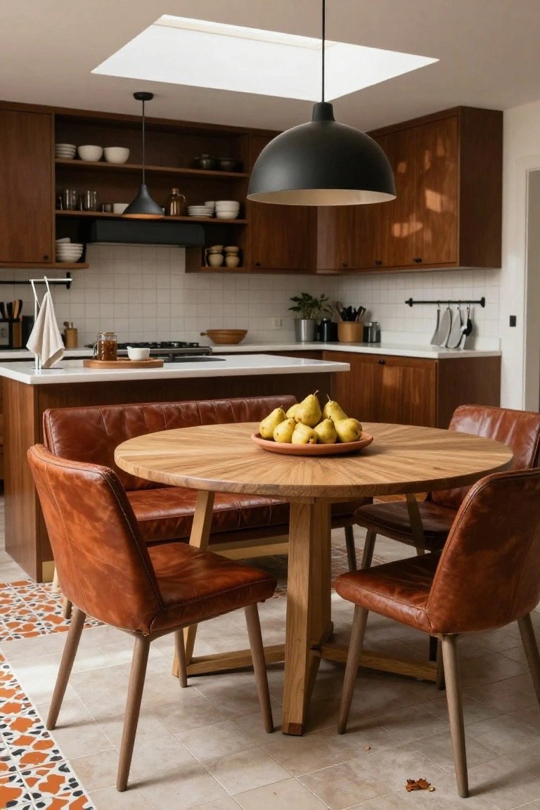 Kitchen with dark wood cabinets, white island countertop, black pendant light, round light wood dining table with tan leather chairs and bench, and a bowl of yellow pears on the table.
