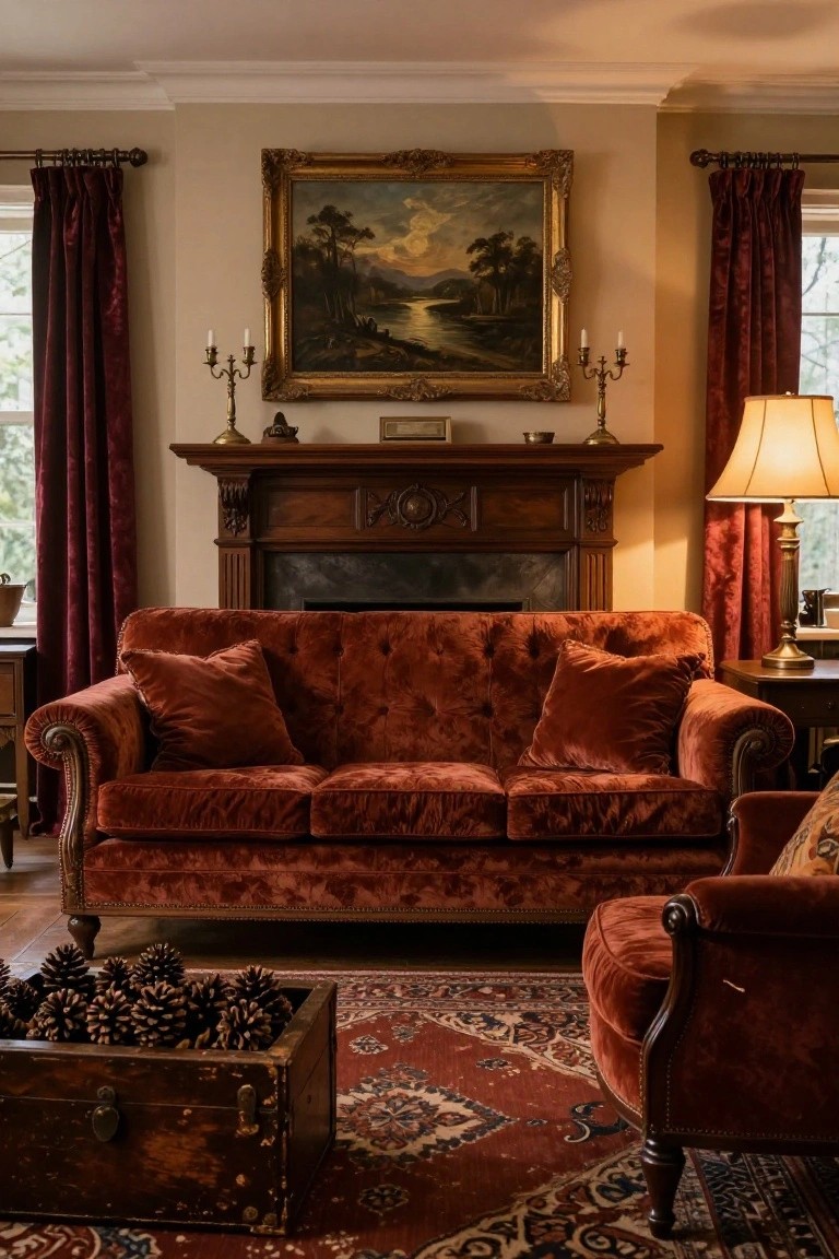Cozy living room with red velvet sofa, ornate fireplace, and landscape painting.