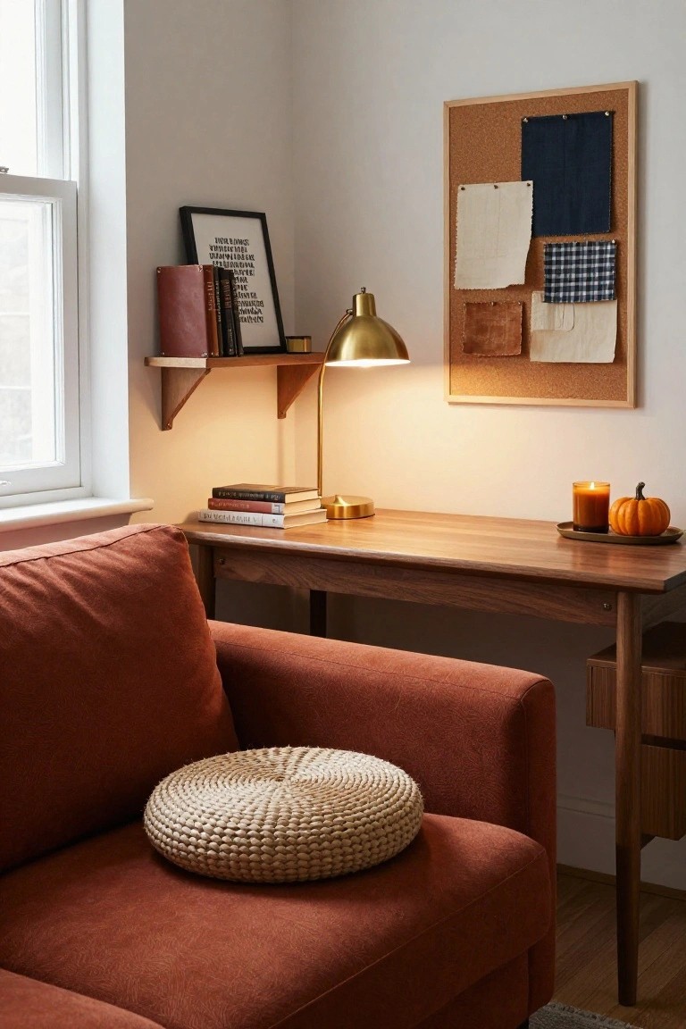Interior corner with rust-colored armchair beside wooden desk, brass lamp on shelf above, books, corkboard with fabric swatches, candle and pumpkin on desk, window and woven pillow on chair.