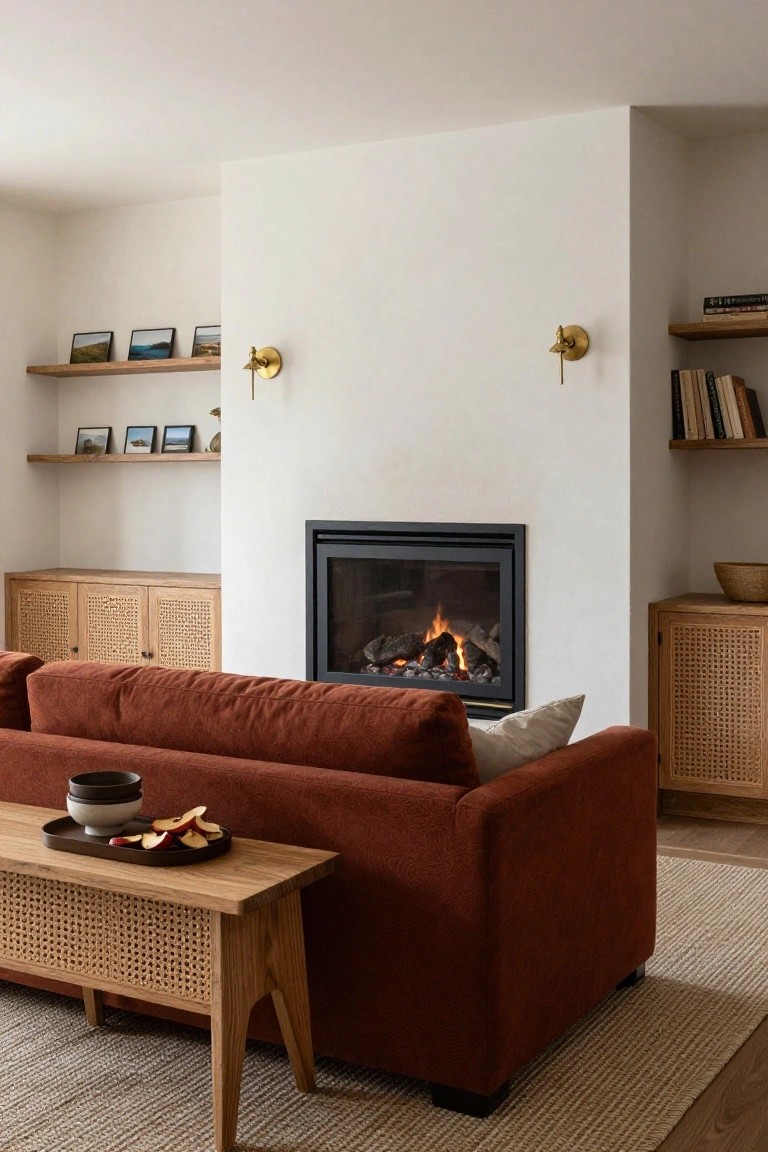 Rust-colored fabric sofa facing a black-framed gas fireplace on a white wall in a living room, flanked by rattan cabinets, with a wooden coffee table featuring cane sides and woven storage bench in front.