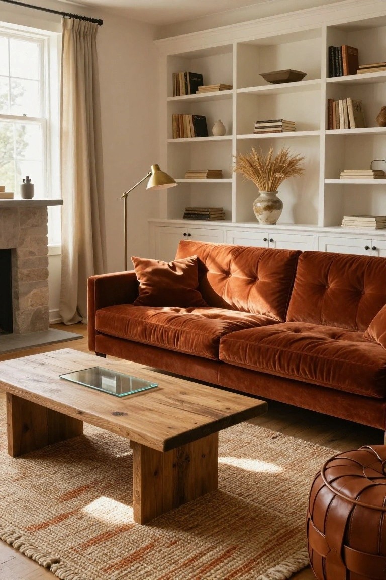 A rust-colored tufted velvet sofa in a living room with white built-in bookshelves filled with books and decor, stone fireplace, reclaimed wood coffee table with glass tray, beige seagrass rug, and brown leather pouf.