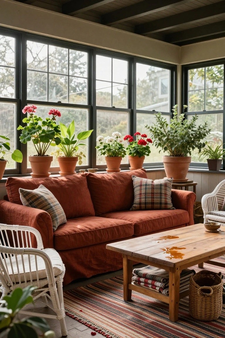 Rust-colored linen sofa on a striped rug in a sunroom with large black-framed windows showing trees outside, surrounded by potted plants including geraniums and ferns, wooden coffee table with plaid blankets, and wicker chairs.