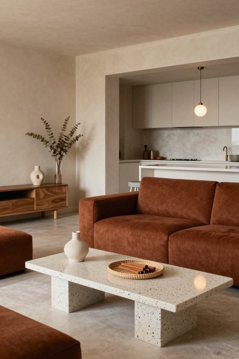 Open-plan living room with rust-colored L-shaped sofa, wood media console, stone coffee table with woven tray, beige walls, and visible white kitchen through archway.