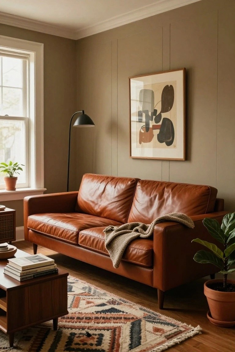 Beige paneled living room featuring a rust leather two-seater sofa with a knit throw, wooden coffee table holding books, patterned rug, potted plants, arc floor lamp, and large abstract artwork on the wall beside a window.