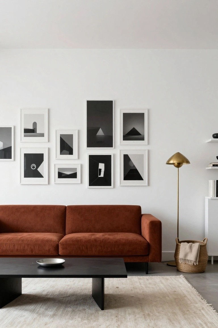 Rust-colored L-shaped sofa in a white-walled living room with black-framed geometric art gallery wall, black coffee table holding a plate, brass floor lamp, woven basket, and beige rug on concrete floor.
