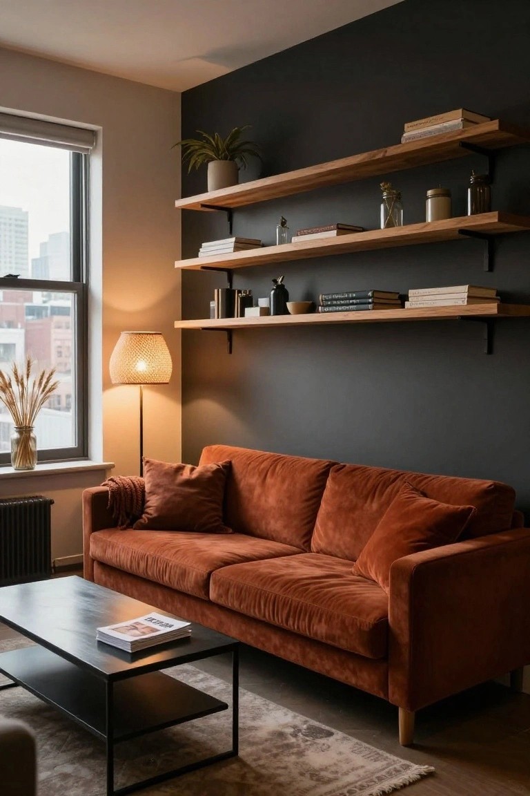 Living room interior with rust-colored velvet sofa facing a window, wooden floating shelves on charcoal accent wall displaying books and jars, rattan floor lamp, black metal coffee table, potted plant, and dried pampas grass.