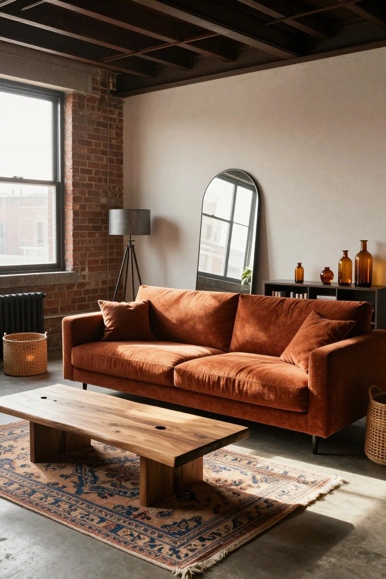 Rust-colored velvet sofa in an industrial loft living room with exposed brick walls, arched mirror, tripod floor lamp, wooden shelving unit with glass bottles, live-edge coffee table on a blue and terracotta Persian rug, wicker baskets, and large windows.