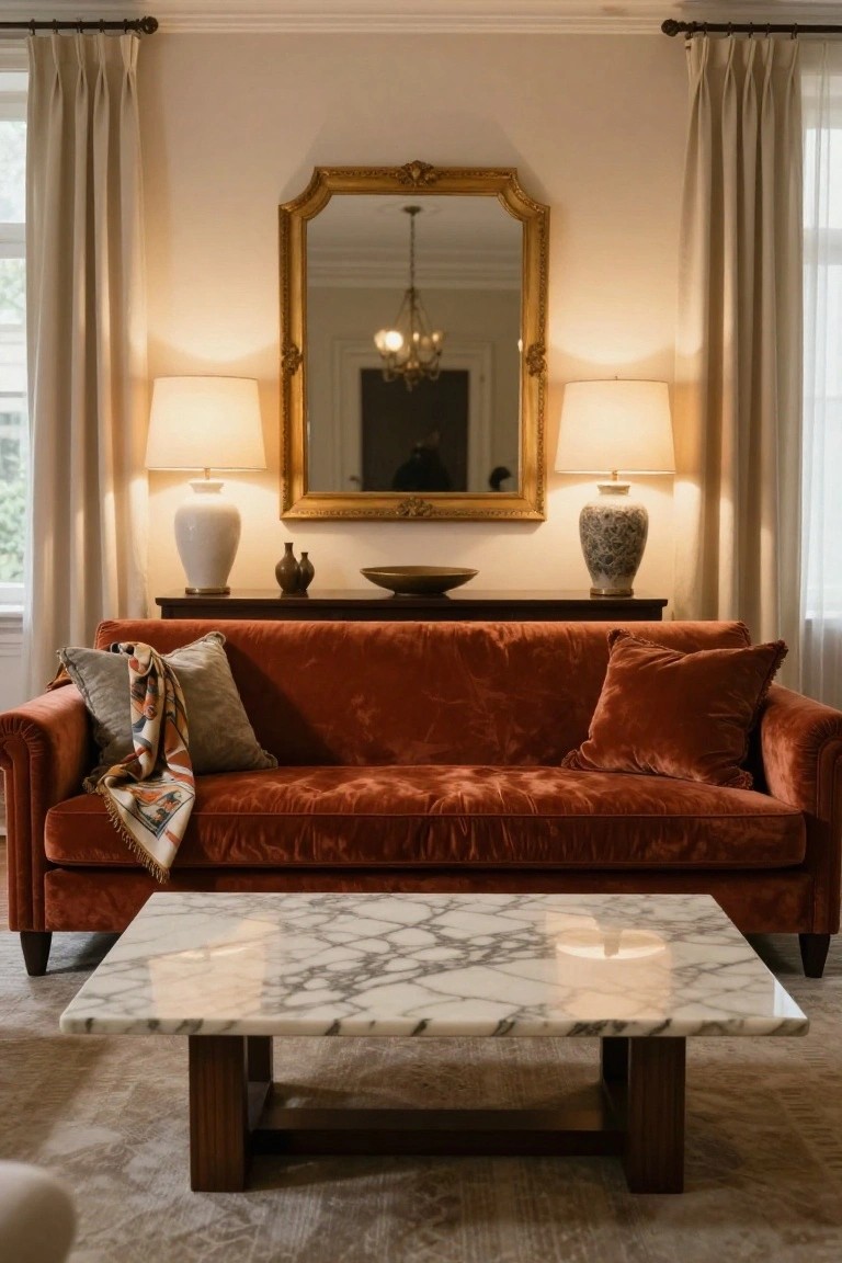 Living room with rust-colored velvet three-seater sofa, white veined marble coffee table on wood legs, console table topped with ceramic vases and bowl behind sofa, tall lamps flanking console, ornate gold mirror above, and beige curtains at windows.