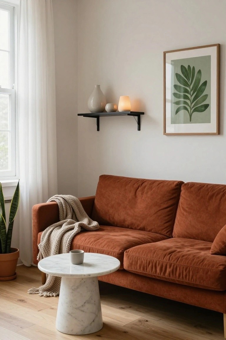 Rust-colored velvet two-seater sofa with neutral knit throw in a light living room next to round white marble side table holding a gray mug, snake plant in orange pot on floor, wall shelf with white ceramics and candle, green leaf art print, sheer window curtains, hardwood floor.