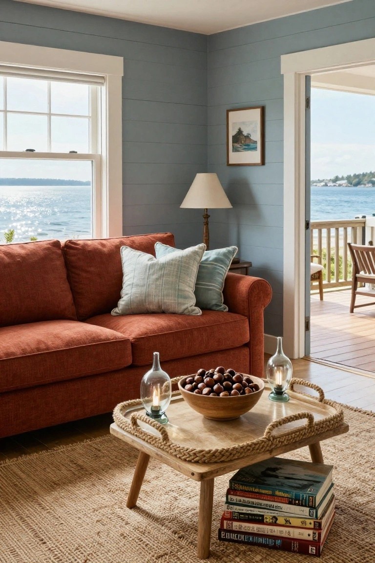 Living room with rust-colored sofa, low wooden coffee table featuring rope-handled tray, bowl of chestnuts, candles, and stacked books on seagrass rug, blue shiplap walls, window and open door to deck overlooking sea.