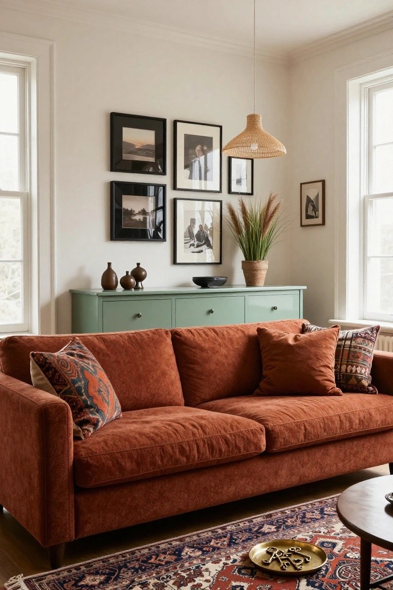 Living room with burnt orange velvet sofa on wood floor over Persian rug, sage green credenza holding pottery and black bowl, black-framed art and pampas grass on white walls, rattan pendant light hanging near large windows.