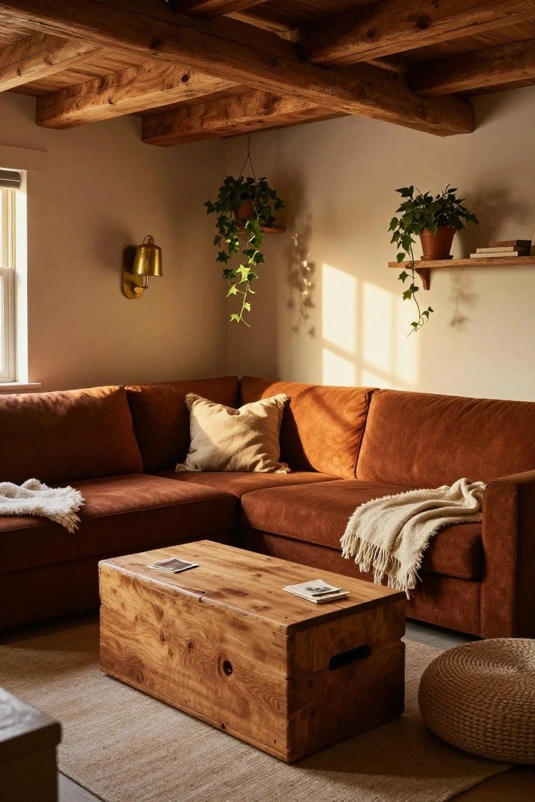 A rust-colored L-shaped sofa in a living room with wooden beam ceiling, facing a large rectangular wooden trunk coffee table, surrounded by plants, pillows, throws, and a woven pouf on a light rug.