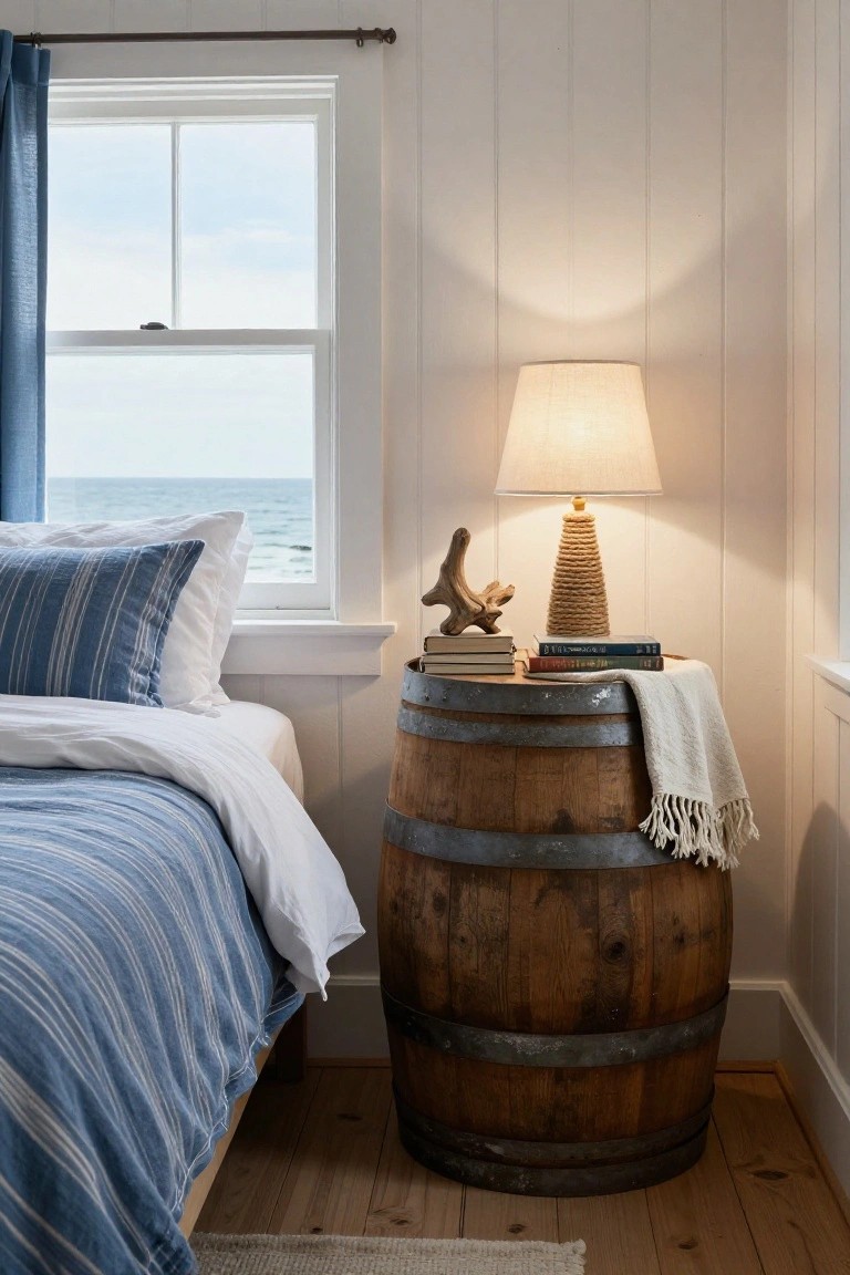Coastal bedroom with wooden barrel nightstand, striped bedding, and ocean view.
