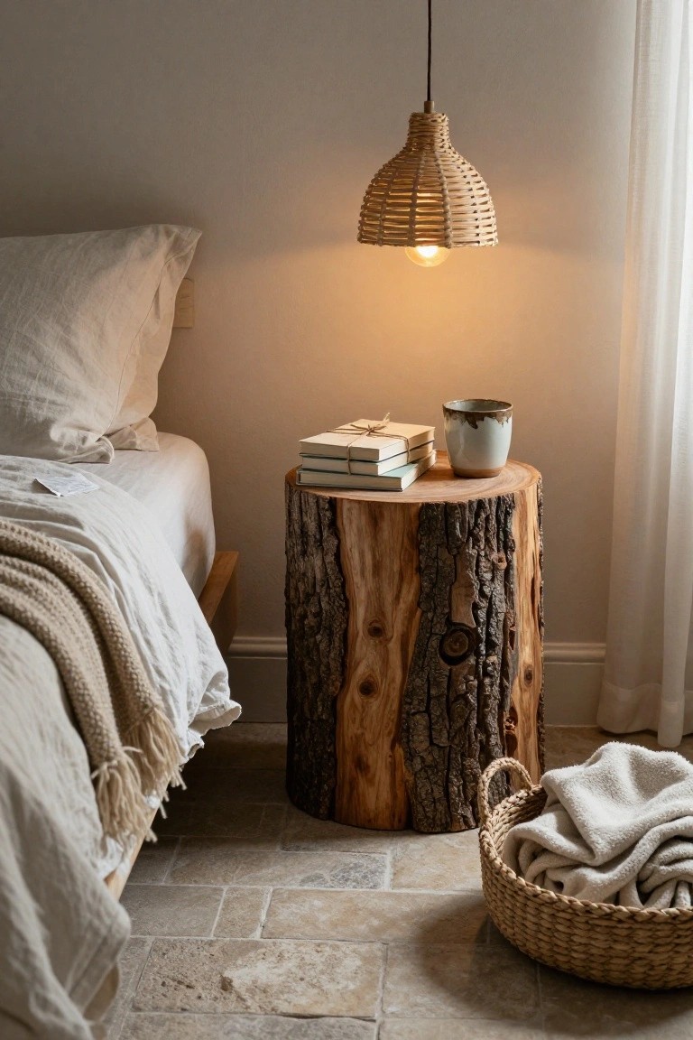 A rustic wooden tree stump bedside table next to a bed with white linens, holding stacked books and a ceramic mug under a woven pendant light.