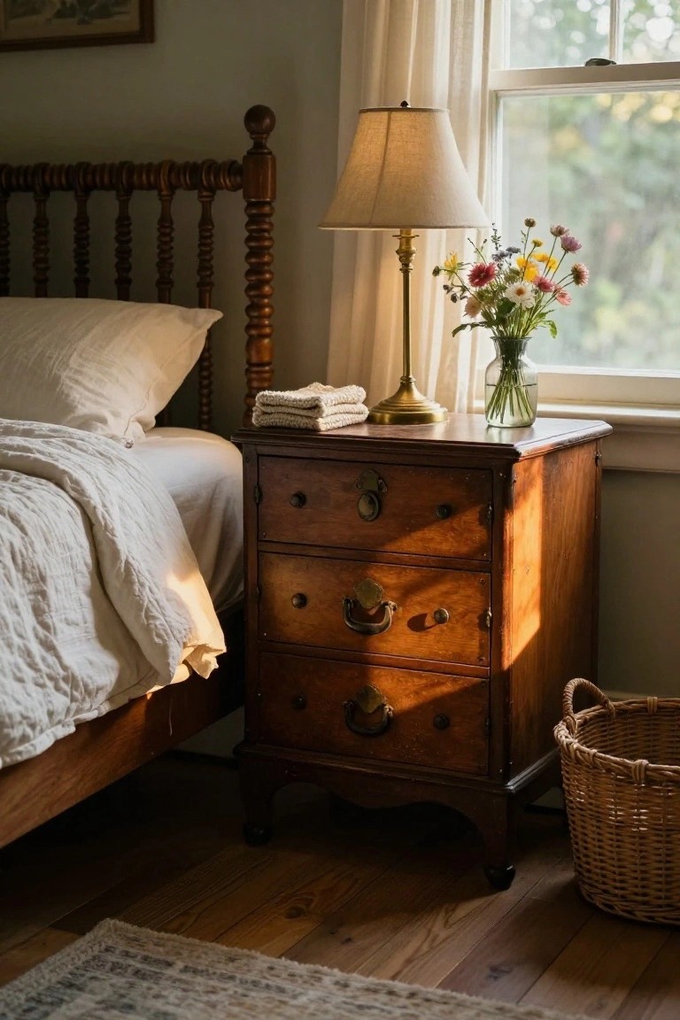 Cozy bedroom scene with wooden nightstand, brass lamp, and wildflowers by window.