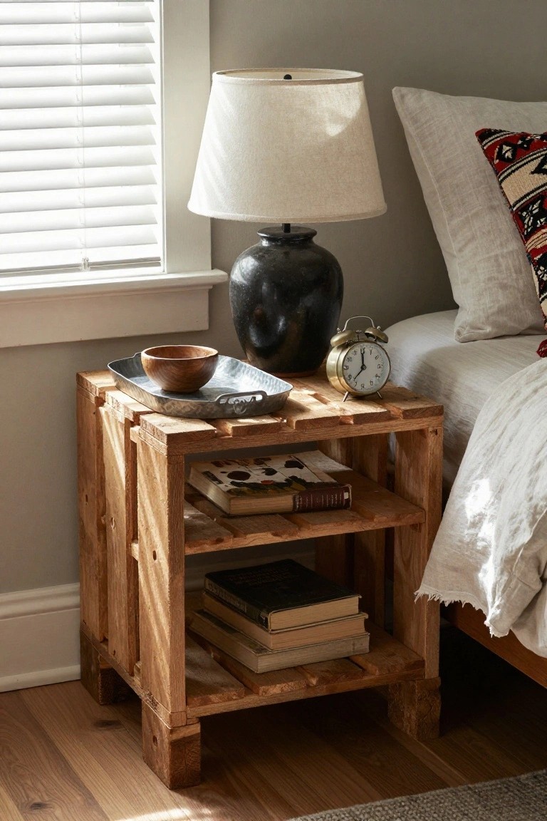 A rustic wooden crate used as a bedside table holds stacked books on lower shelves, a metal tray with a wooden bowl, a dark pottery lamp, and a small brass alarm clock.