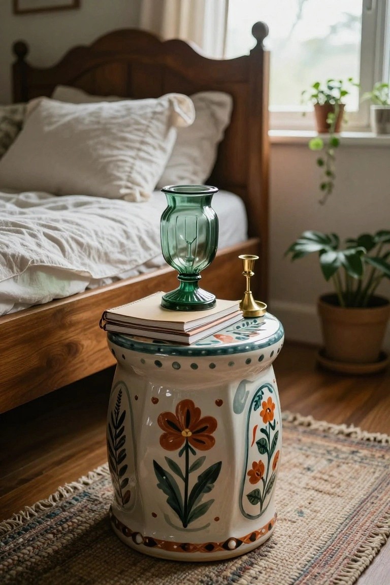 Ceramic garden stool with floral pattern, stacked books, and green glass vase.