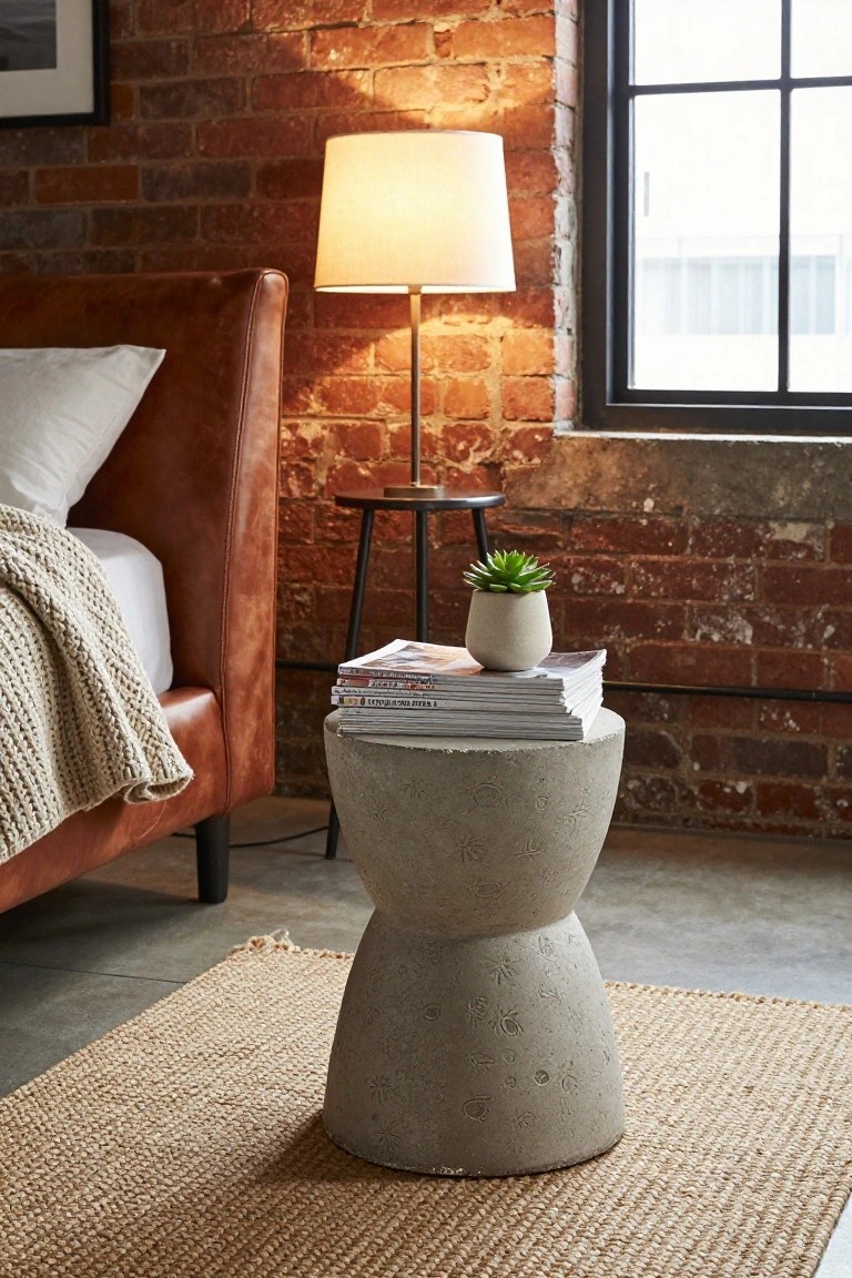 Concrete side table with books, plant, and lamp beside leather bed.