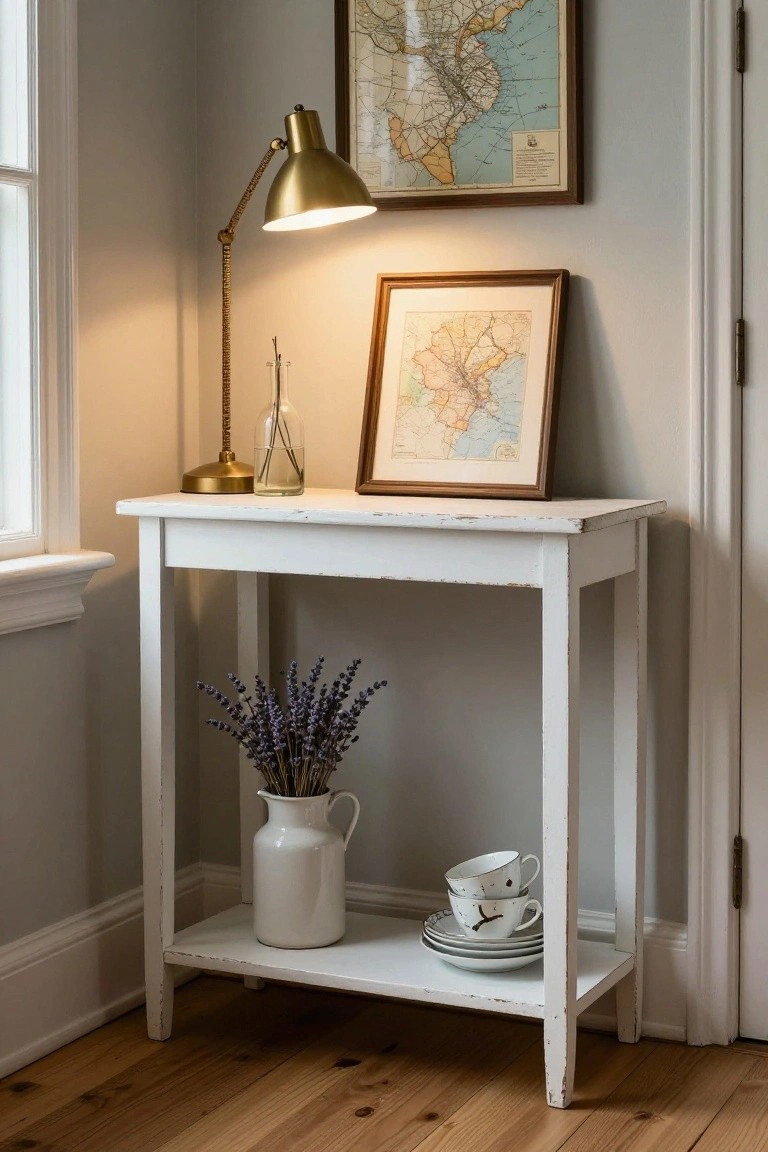White distressed table with brass lamp, lavender, and framed maps.