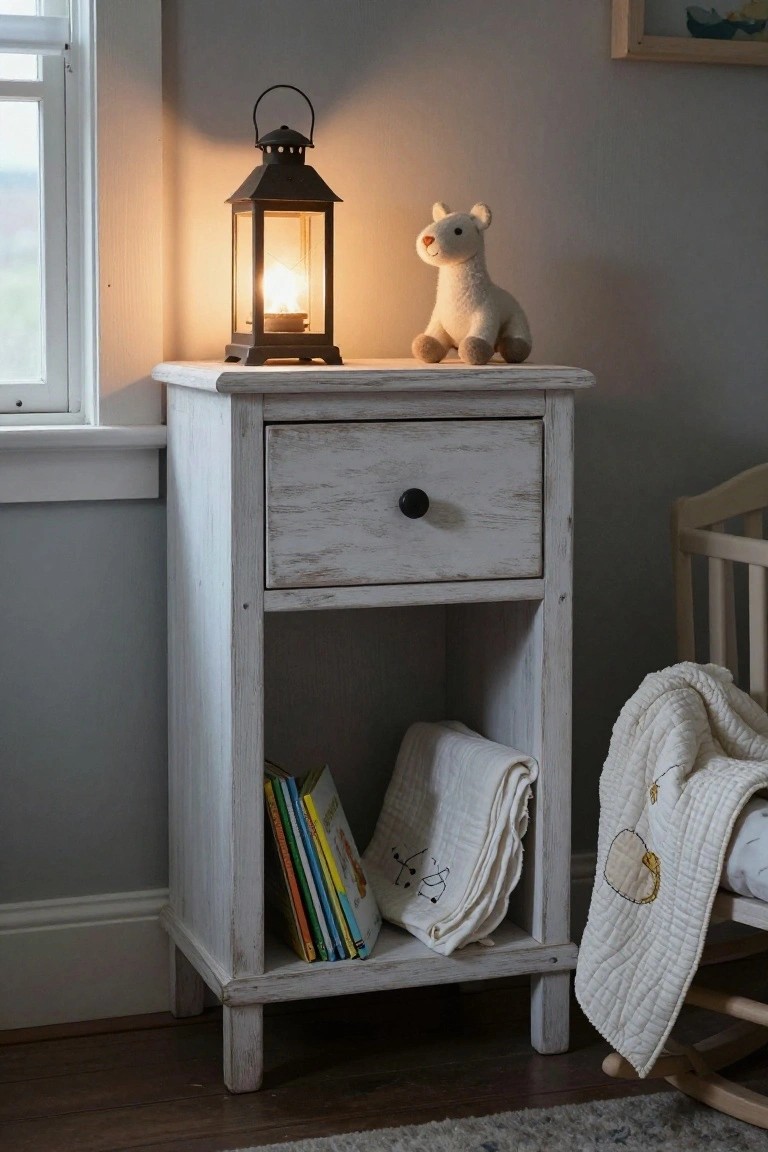 A white distressed wooden nightstand with a drawer and open lower shelf holding books and a folded blanket, topped with a lit lantern and a small stuffed animal, placed next to a window in a child's room.