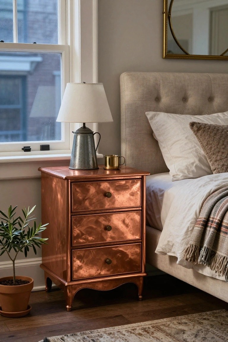 A copper bedside table with three hammered drawers holds a lamp beside a bed in a bedroom with a window and potted plant nearby.
