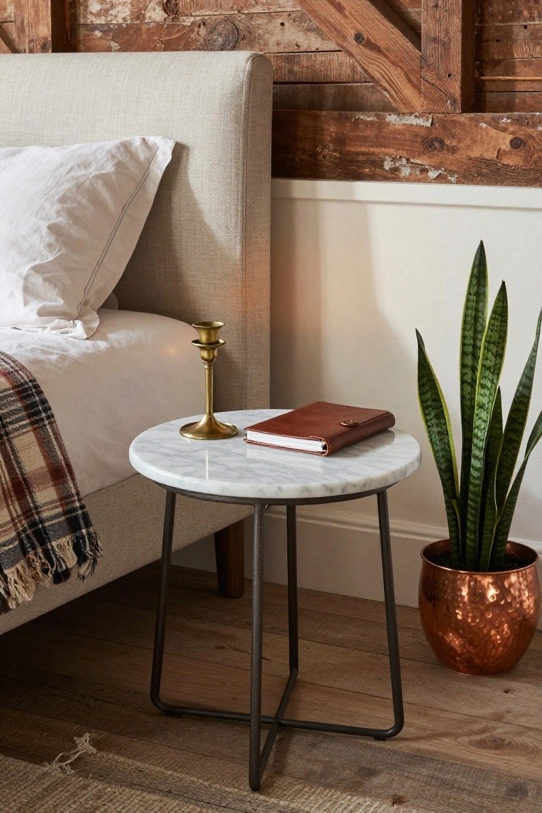 Bedside marble table with brass candle holder, leather book, and potted snake plant.