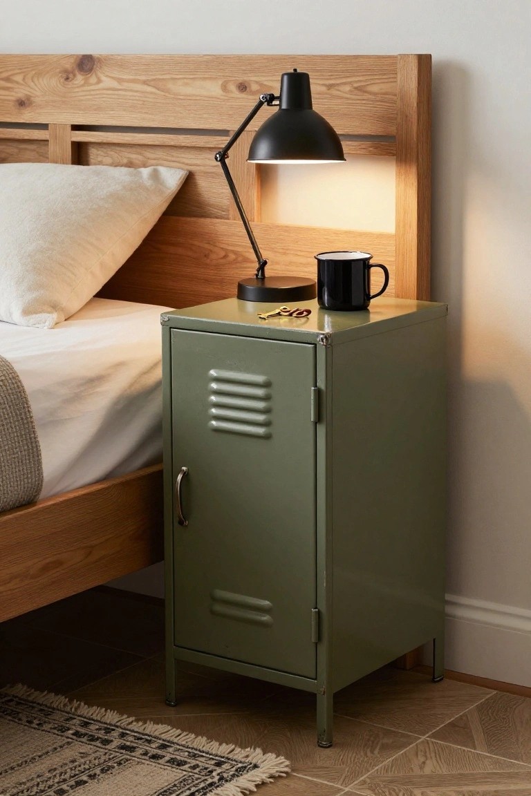 Green metal nightstand beside wooden bed with black lamp and mug.