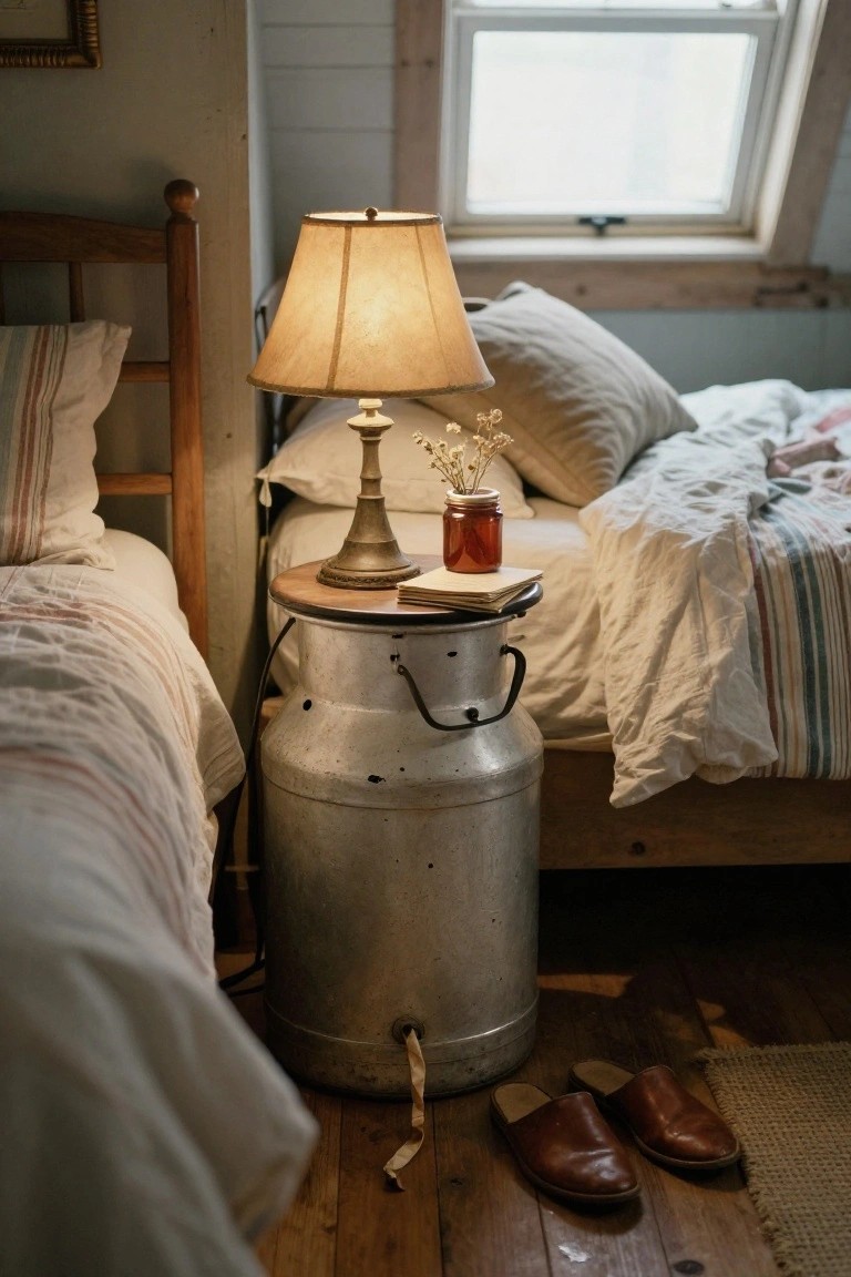 A bedroom interior with two beds, one featuring a repurposed metal milk can used as a bedside table topped with a wooden board, lamp, and small jar.