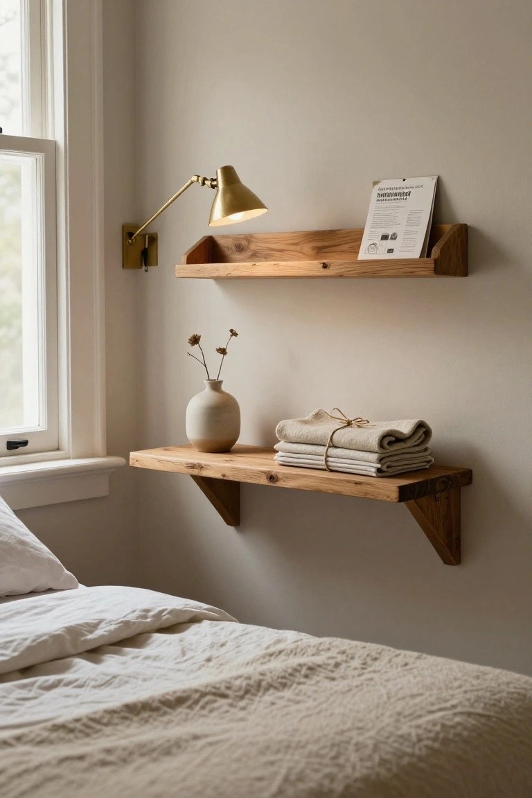 Wooden floating shelves with lamp, vase, and folded linens above bed.