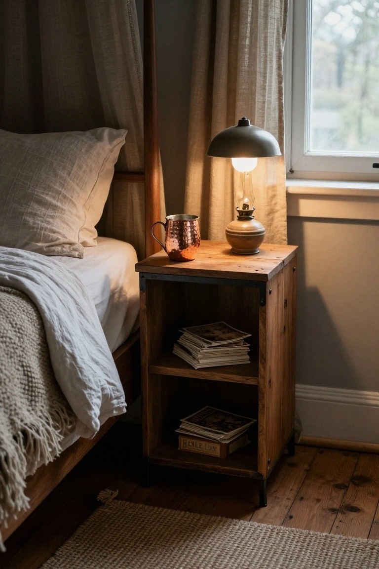 A rustic wooden bedside table with open shelves sits next to a bed, topped with a lit lamp and a copper mug.