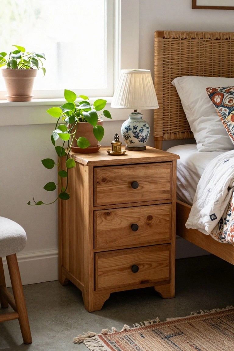 A light wood bedside table with three drawers holds a ceramic lamp and small potted plants next to a bed with a woven headboard.