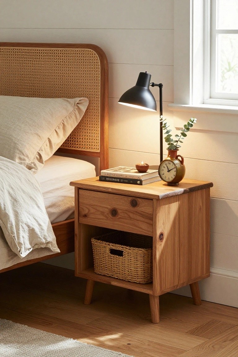 Wooden nightstand with drawer, lamp, books, clock, and woven basket.