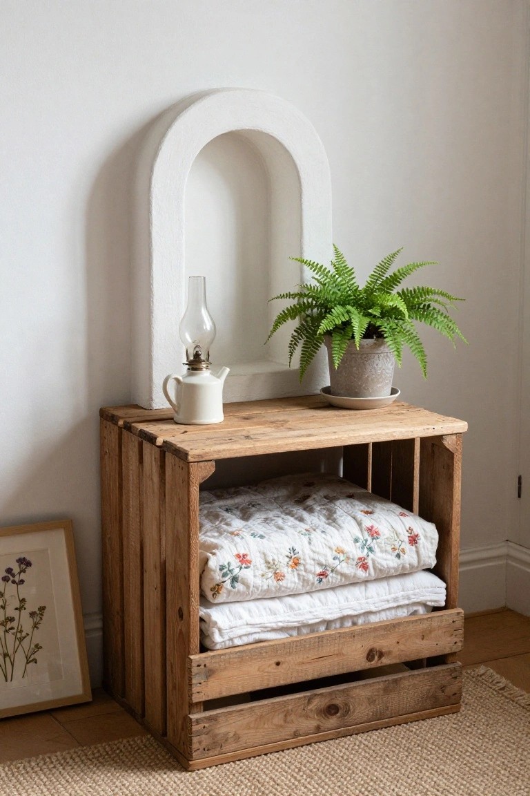 Wooden crate table with fern plant, oil lamp, and folded quilt.