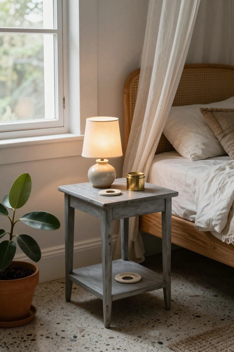 A white lamp and gold tin rest on a rustic gray nightstand beside a wooden bed.