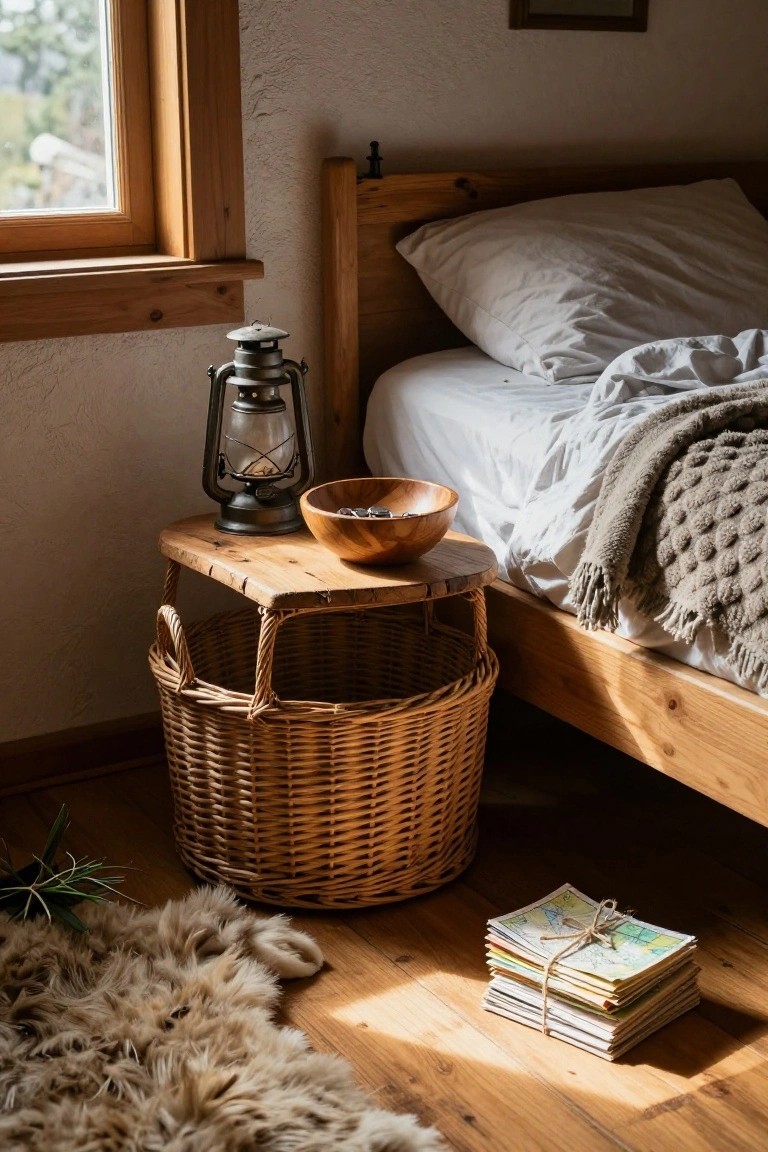 Cozy wooden bedroom with lantern, basket, bed, maps, and fur rug.
