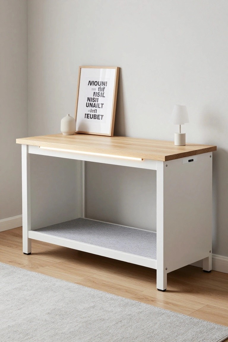 White metal desk frame with light oak top and open lower shelf lined in gray felt, positioned in a room corner next to a beige wall with a framed poster, white lamp, and ceramic vase on top.