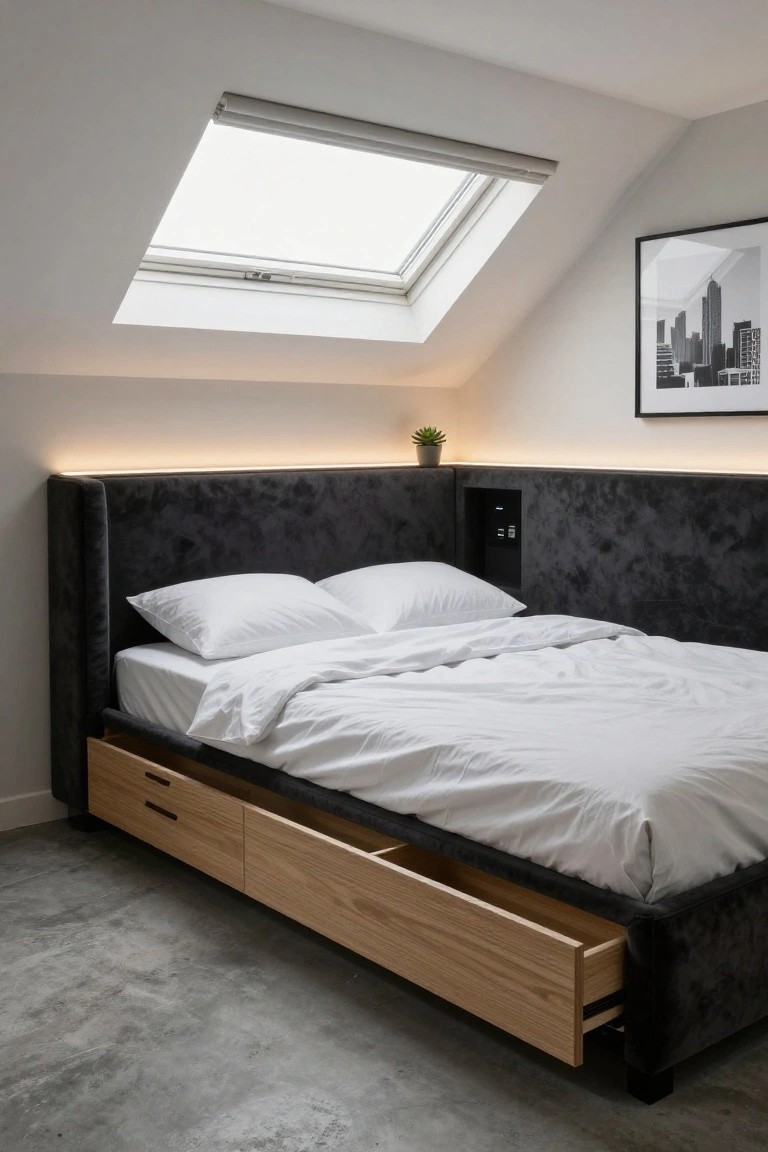 A bedroom in an attic space with a low black velvet upholstered bed frame featuring open wooden pull-out drawers underneath, white bedding, a skylight in the sloped white ceiling, a small plant on a niche shelf, and LED strip lighting along the headboard.