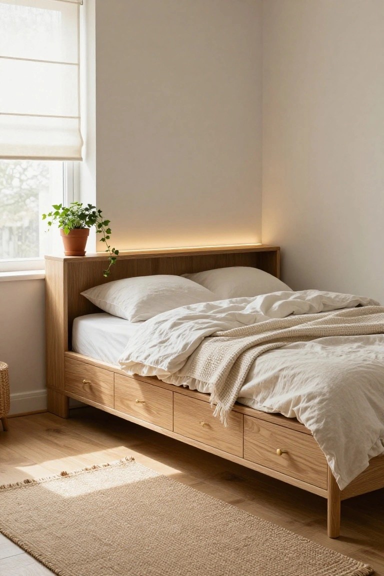 Light oak bed frame with four underbed drawers and brass knobs, white rumpled bedding, potted ivy plant on headboard shelf, and sheer window blinds in a beige bedroom corner.